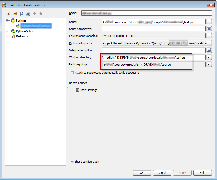 RI-Screen3c PyCharm - Run/Debug Configuration Screen