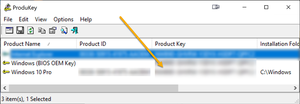 NirSoft ProduKey Screenshot displaying the Windows 10 Product Key(s)
